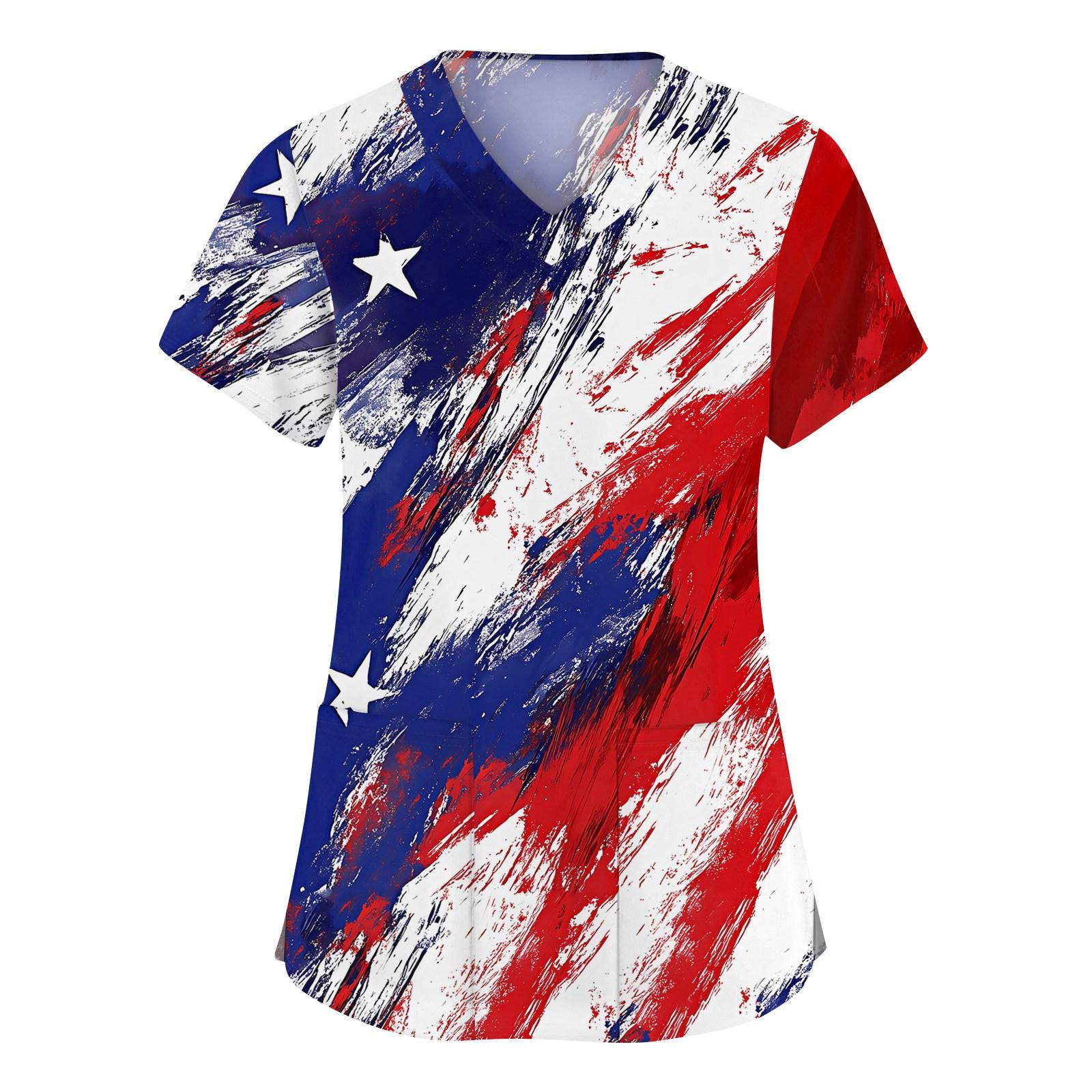 

Женская мода с v-образным вырезом, короткими рукавами и карманами, топы с принтом XXL синий