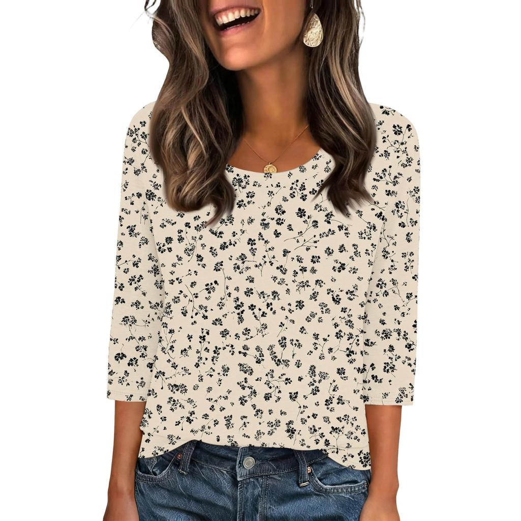 343/4 Sleeve Shirts For Women Cute Print Graphic Tees Blouses Casual Plus Size Basic Tops Pullover