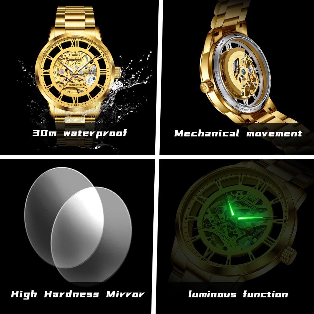 OLEVS 6728 Luxury Wristwatches For Man Luminous Skeleton Stainless Steel Strap Men's Sport Automatic Mechanical Men's Watches