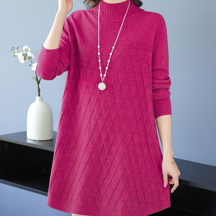 Half Turtleneck Knitted Dress for Women In Autumn and Winter Long-sleeved Mid-length Sweater Loose and Casual Pullover