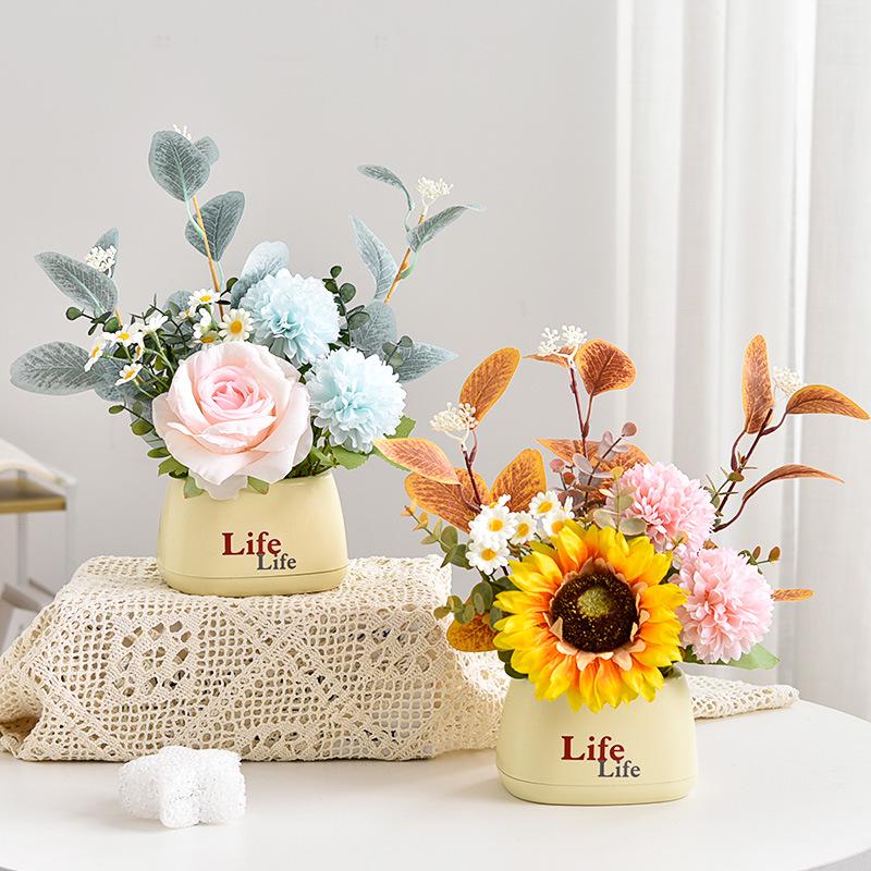 Living Room Decor: Artificial Sunflower and Green Plant Arrangements, Small Potted Plants, and Plastic Bouquets
