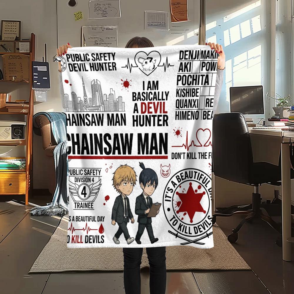 1PC Chainsaw Man Patterned Flannel Blanket Suitable For All Seasons For Home Decor Warmth And Comfort Gifts Holiday Present