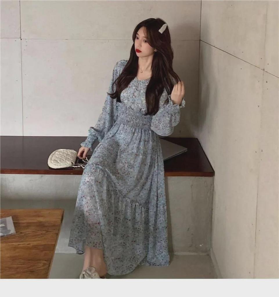 2024 Floral Chiffon V-Neck Dress: High-Waisted, Long-Sleeve, Waist-Cinching Korean Style for Spring and Autumn