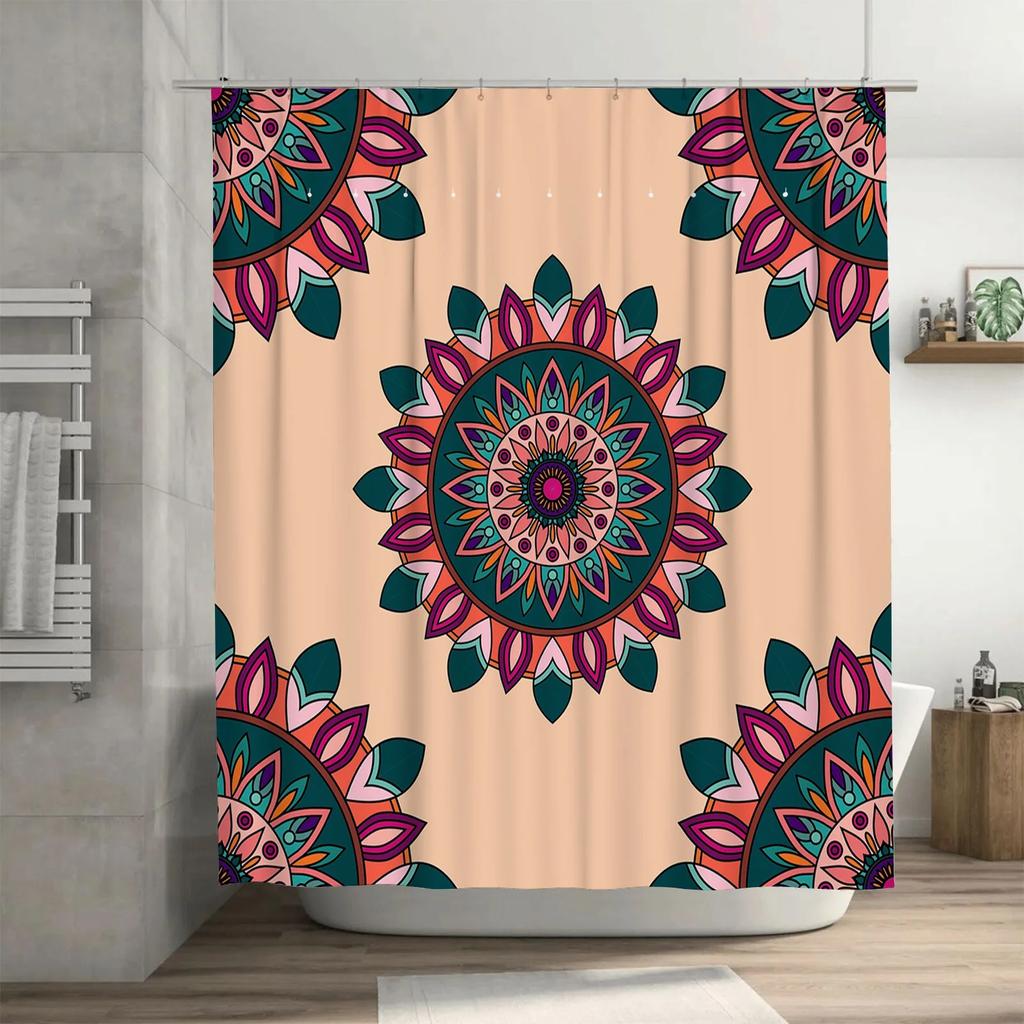 Colorful Mandala Shower Curtain Decor Peach Background with Pink, Green, Blue Floral Design Waterproof Fabric Bathroom Hanging S