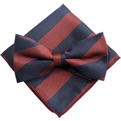 Two-tone Striped Navy X Burgundy [bow Tie & Pocket Square] 2-piece Set, Ribbon, Men's, One-touch, Set-up, Formal, Patterned, Casual.