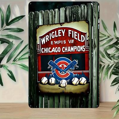 Wrigley Field Chicago Champions Vintage Metal Wall Sign    Rustic Sports Decor with Baseball  Football Design Perfect for F