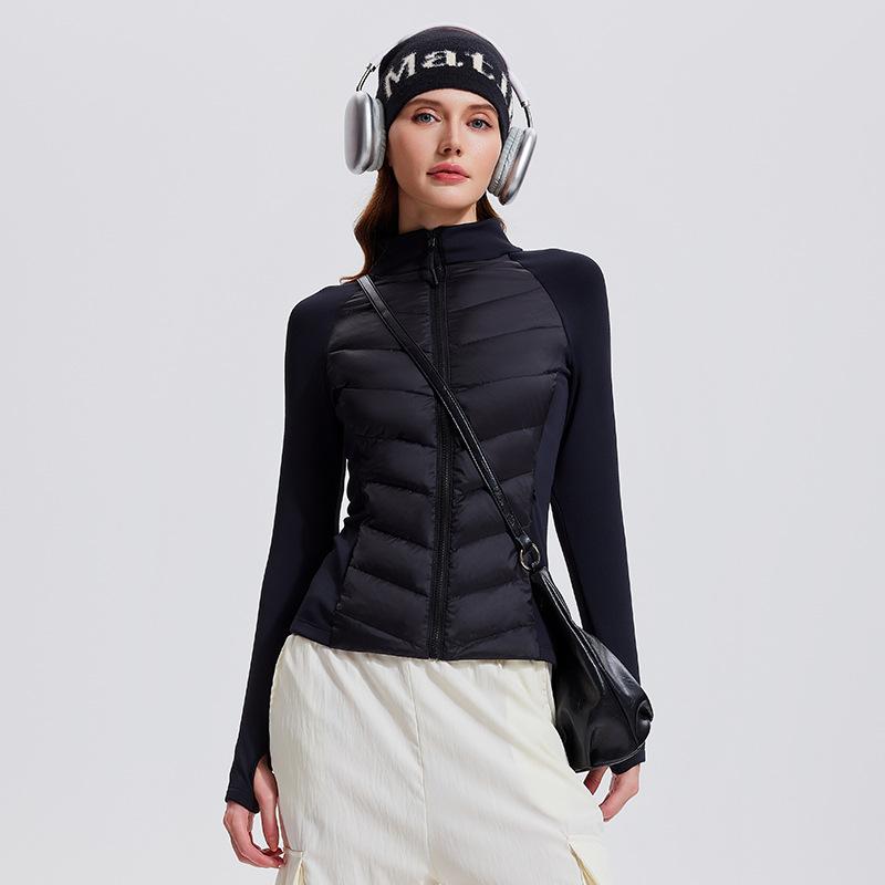 Three-proof sports down jacket women's outdoor running windproof and warm fitness top light and slim stand-up collar ribs jacket