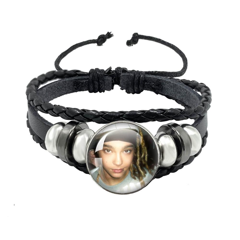 Pop Retro Rock Band Tokio Hotel Bill Kaulitz Band Black Rope Button Glass Cabochon Leather Bracelet Jewelry Charm Fans