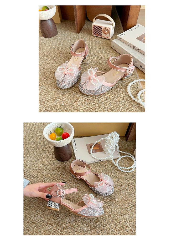 Girls' High-Heeled Closed-Toe Crystal Sandals with Soft Soles - Summer New Princess Leather Shoes.