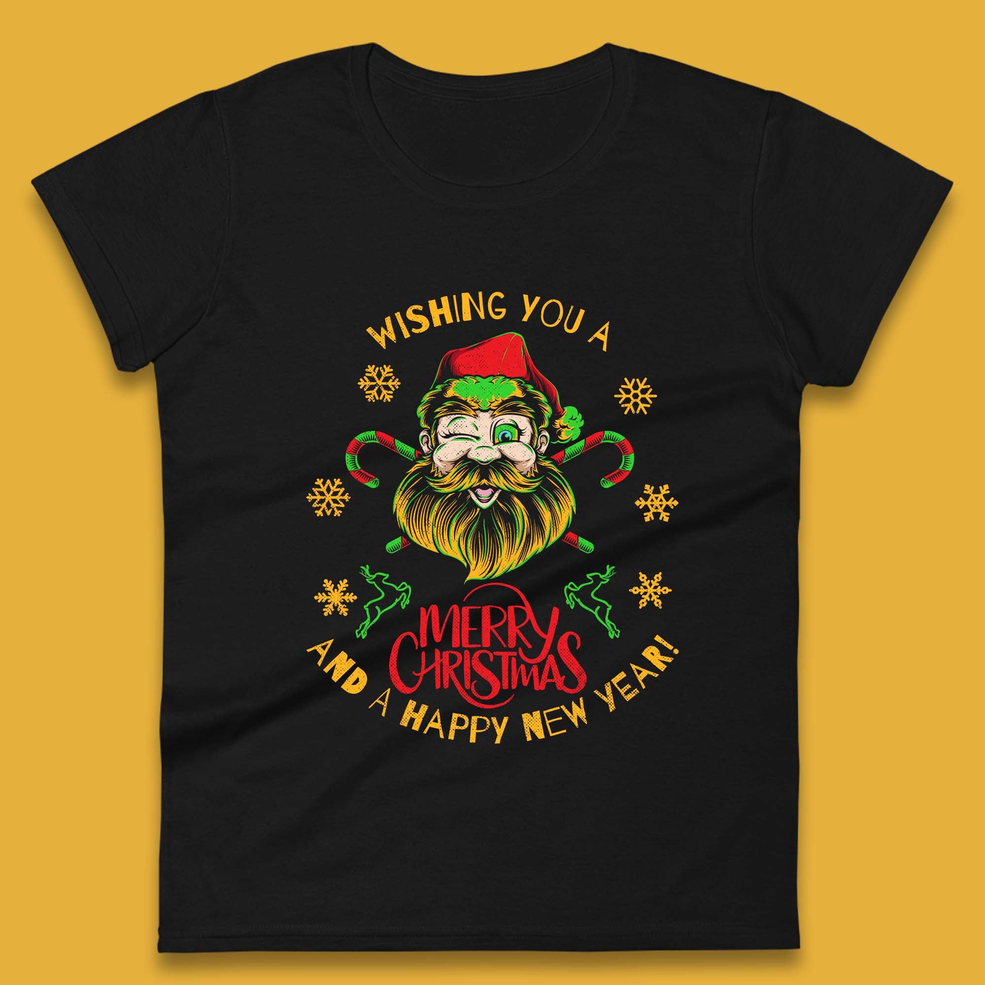 Wishing You A Merry Christmas Santa Eye Winking Womens T Shirt Mens Tops Tees Unisex 4XL
