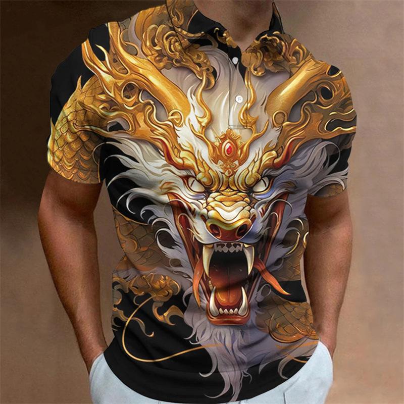 Bold Dragon Print Short Sleeve Polo Shirt, Casual Men's Fashion Top