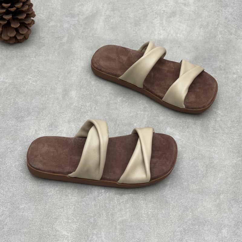 

Johnature Genuine Leather Soft Soled One-piece Women s Flat Slippers Retro Handmade Peep Toe Slip-on Shoes 35 бежевый