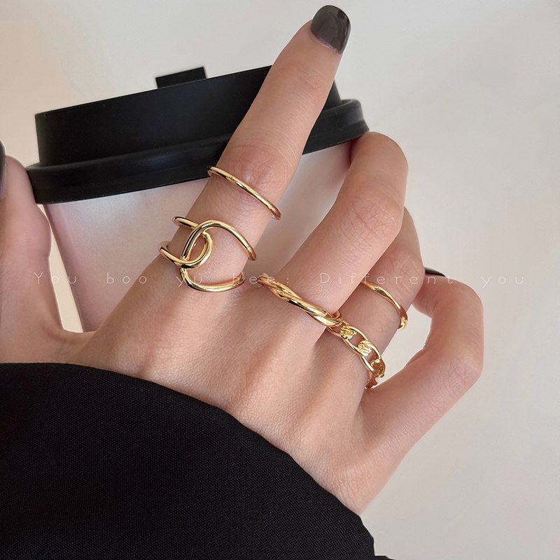 Niche Style Five-Piece Set Fashion Women s Cold Wind Stylish Ring Golden Five-Piece Set Adjustable Opening