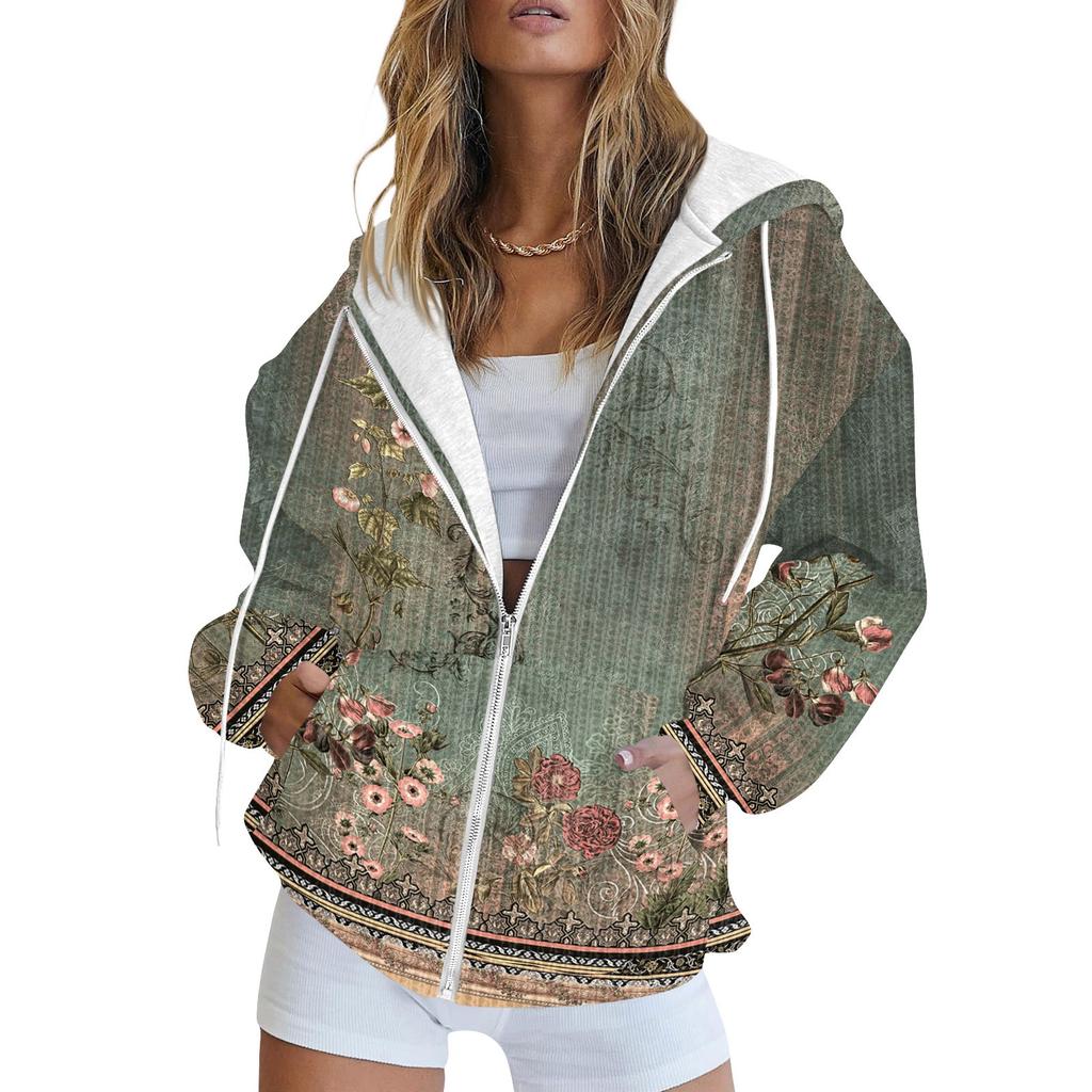 Women's Fashion Jacket Casual Printed Long-sleeved Hooded Cardigan Sweatshirts