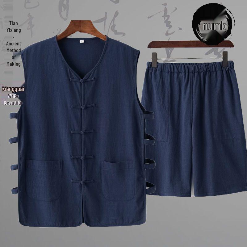 Sleeveless Mandarin Cotton-Linen Vest for Middle-Aged and Elderly Men