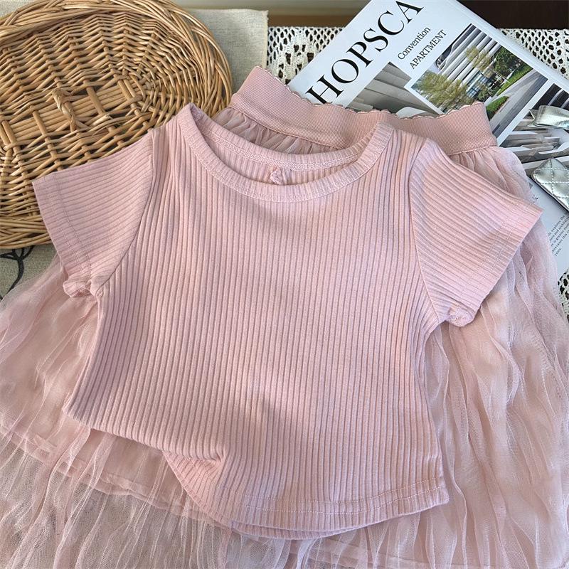 2024 Korean Girls' Summer Bow T-Shirt & Crinkled Skirt Set