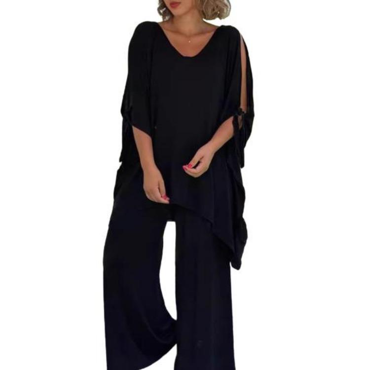 Boho Damen lockeres zweiteiliges Set lässiger Pullover-Top mit kurzen Ärmeln