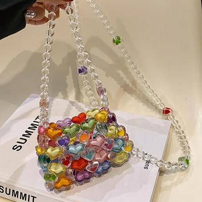 Mini Heart Beaded Square Matching Fashion Colorful Heartbeaded Square Bag Hand-Woven Beaded Color Messenger Bag Pearl Hand-Held Diagonal Cross Bag
