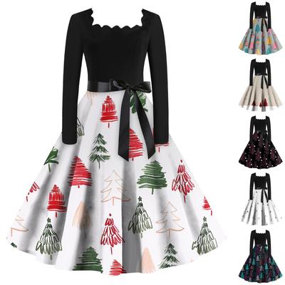 Women's Christmas Casual Fashion Square Neck Long Sleeve Printed Vintage Dresses