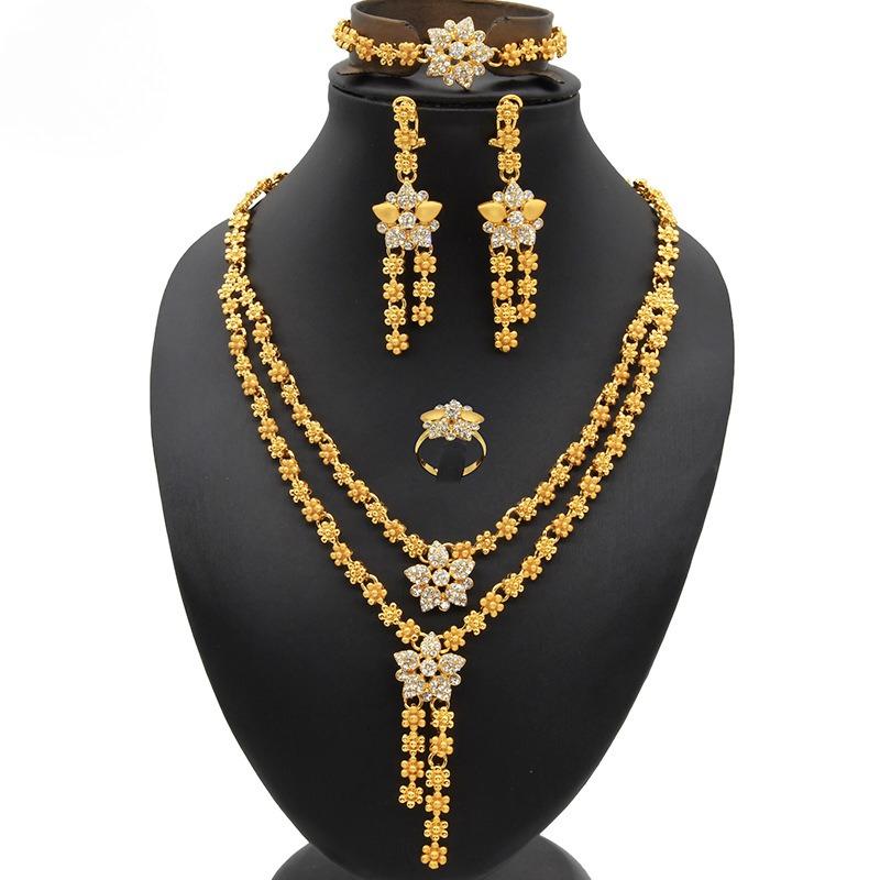 Middle East Dubai Bridal Gold Plated Jewelry Set Vietnam Xinjiang Sand Gold Necklace Earrings Ring Bracelet Four Jewelry 2026 45CM