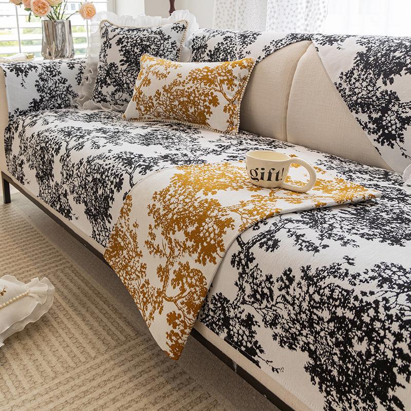 Retro Artistic Chenille Sofa Cushion, Universal for All Seasons, Modern Non-slip and Anti-cat Scratch Sofa Cushion Cover Ink