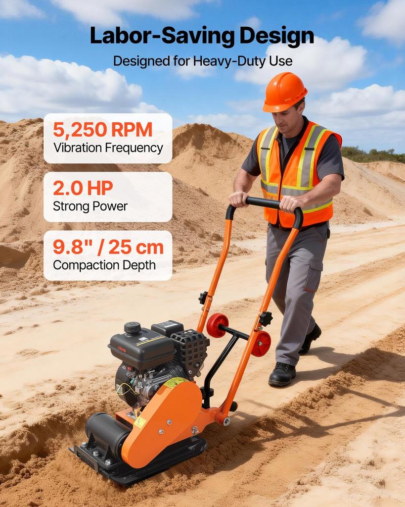 Plate Compactor, 2 HP 79CC Gas Engine, 5250 VPM Vibrating Ground Rammer, 8 kN Compaction Force, 41 x 31.5 cm Plate, Walk Behind Compactor for Paver