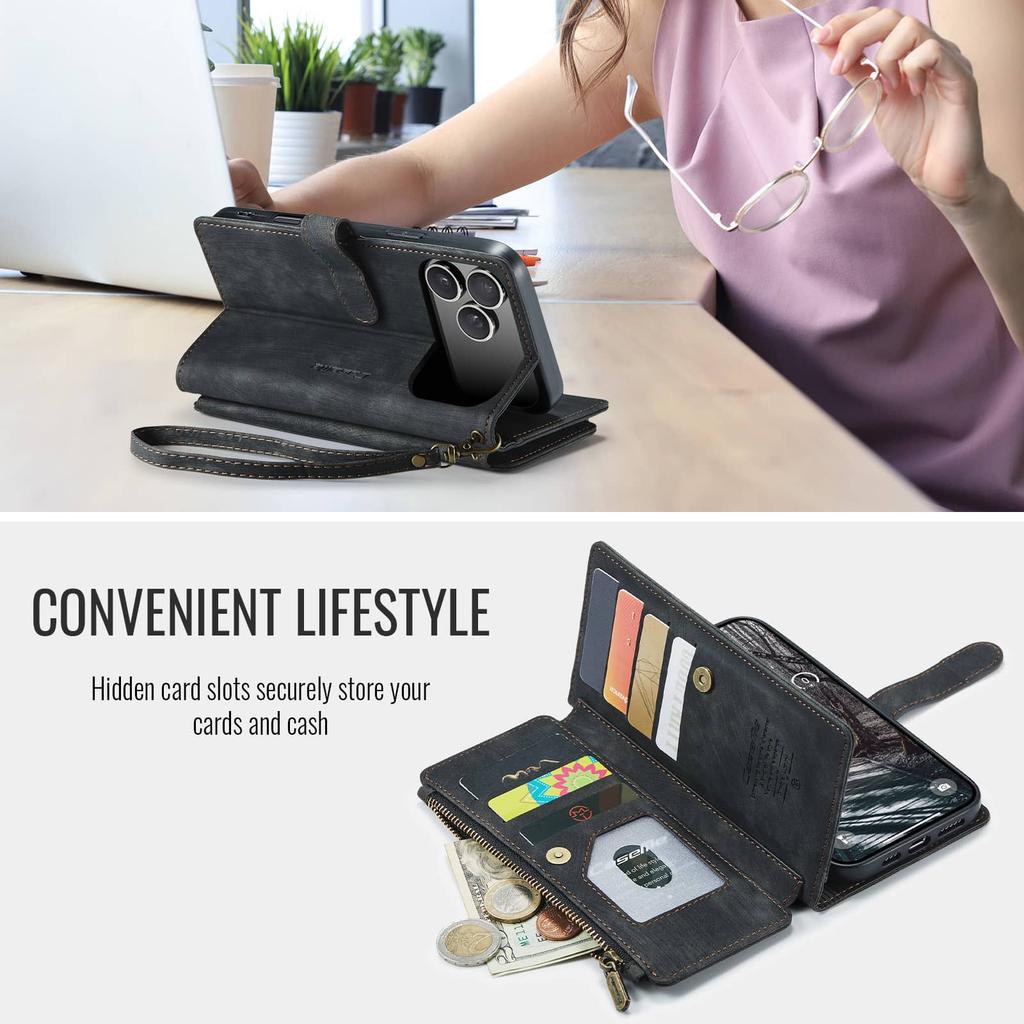 For IPhone 18 Pro Max 18 Pro Case Zipper Wallet PU Leather Flip Cover Wristlet Strap Card Holder Slot Shockproof for Women Men