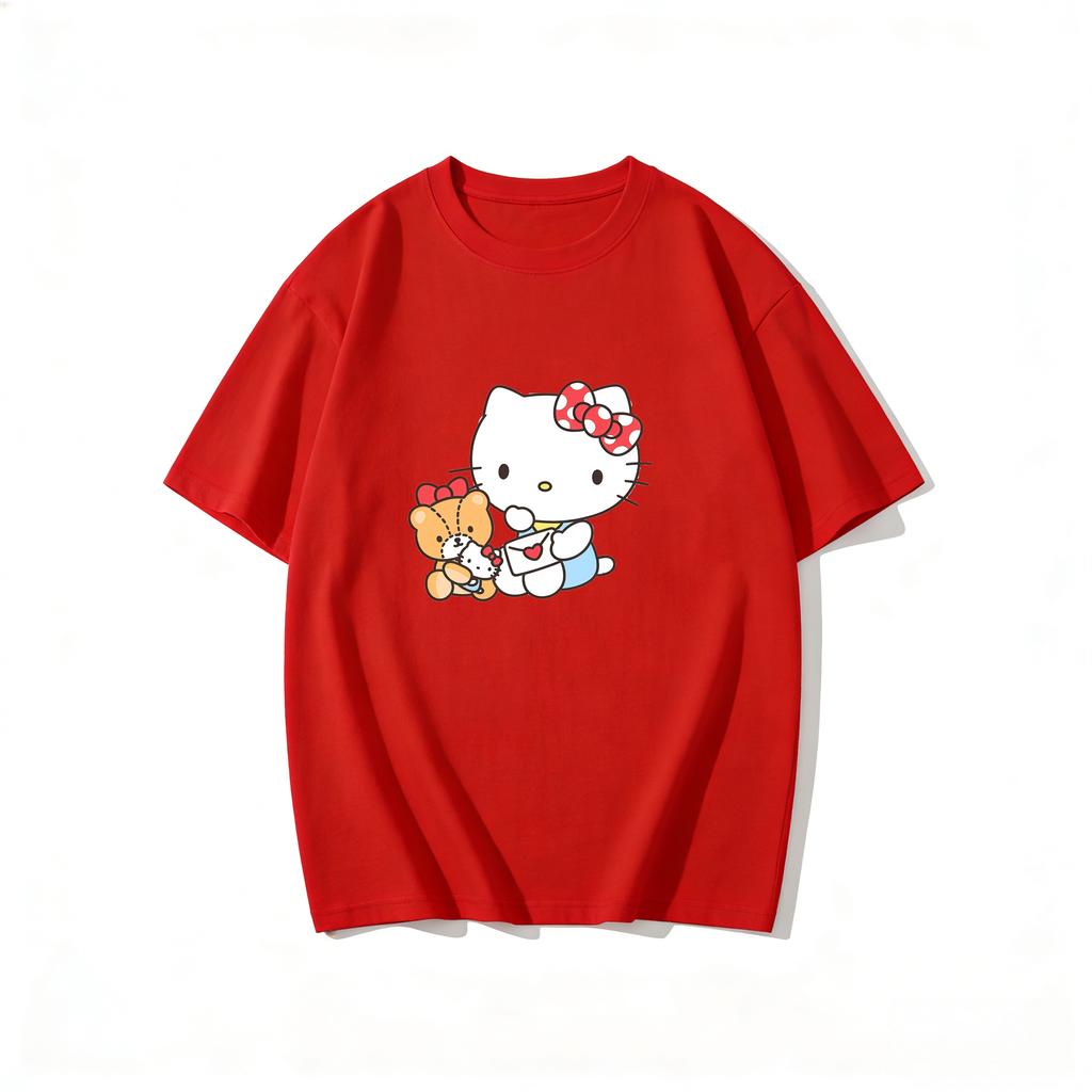 2026 Summer Hello Kitty Cartoon Printed Short Sleeve Pure Cotton Tshirts Womens Family Matching Outfits Tops Tee Trendy Y2k