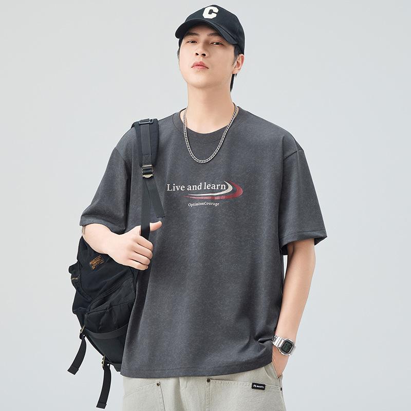 Updated Summer Printed Relaxed Fit Five-quarter Sleeve T-shirt Mens Everyday Short-sleeved T-shirt Japanese Vintage Style