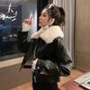 Jacket Women's Short Autumn and Winter Lamb Fur Collar Retro Hong Kong Flavor Fleece Leather Jacket Black Locomotive Thickened Jacket Women