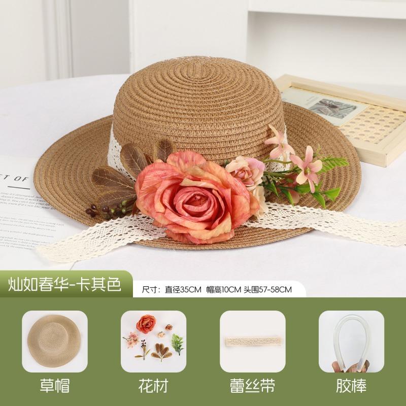 DIY Handmade Straw Hat Straw Shade Floral Fashion Shade Hat Leisure Activities Heavy Industry Flat Top Gift Hat