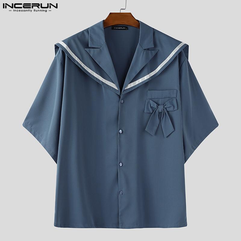 INCERUN Oversized Men Naval Collar Short Sleeve Stitching Casual Loose Shirts Tops