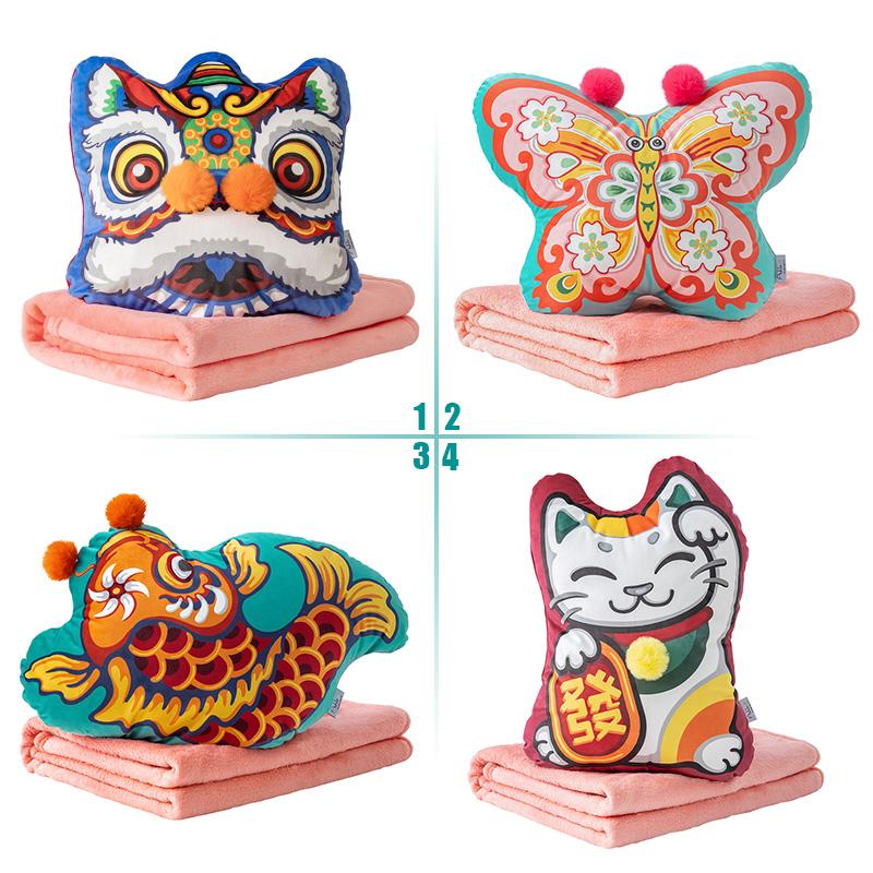 3D Printing Velvt Flannel Quilt Chinese Traditional Dance Lion Embroidery Air Conditioning Blanket And Cushion Sofa Car Decor