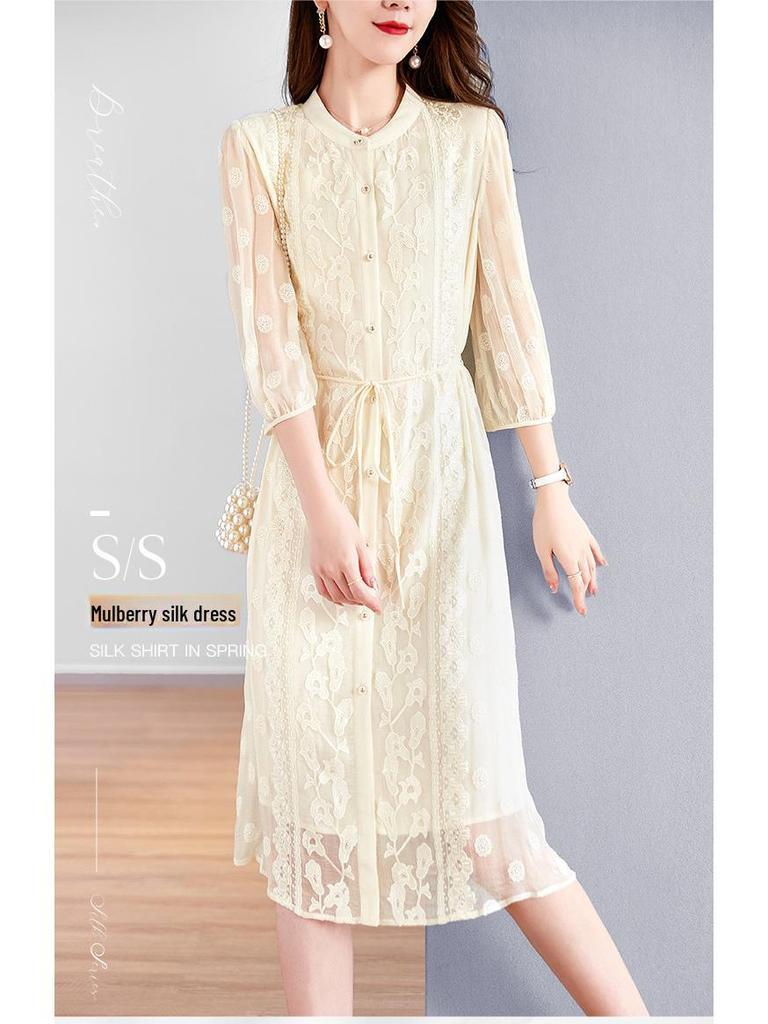 Women's Summer 2025 Slim Waist Embroidered Mulberry Silk Dress - Mid-Sleeve, Plus Size