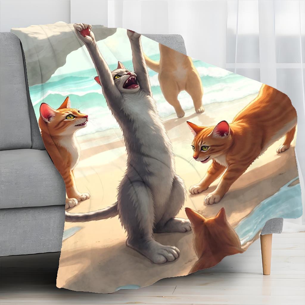 Fun Beach Cat Theme Flannel printed blanket suitable for all seasons suitable for living room office sofa and travel 180x250CM