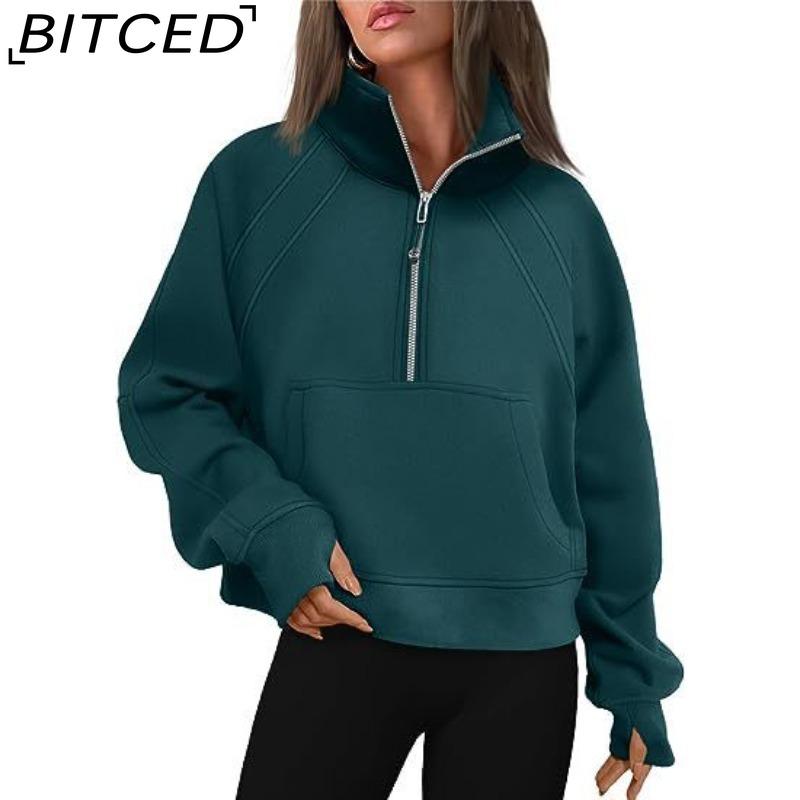 BITCED Autumn/Winter Women's Half-Zip Short-Sleeved Stand Collar Fleece-Lined Solid Colour Sweatshirt