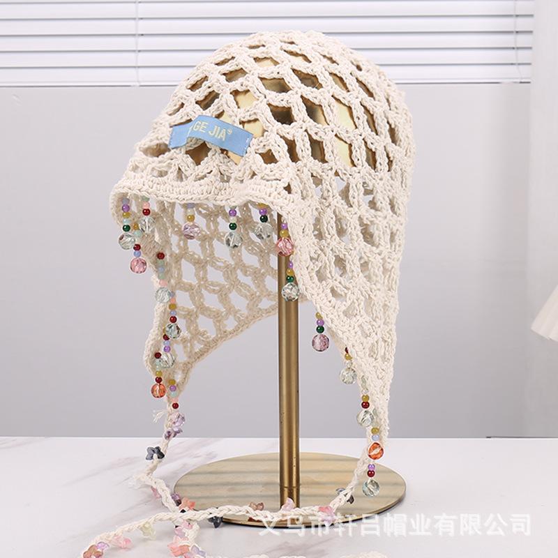 New ethnic style pearl fringed pendant hollow knitted wool hat women's summer outdoor sunshade sunscreen headgear