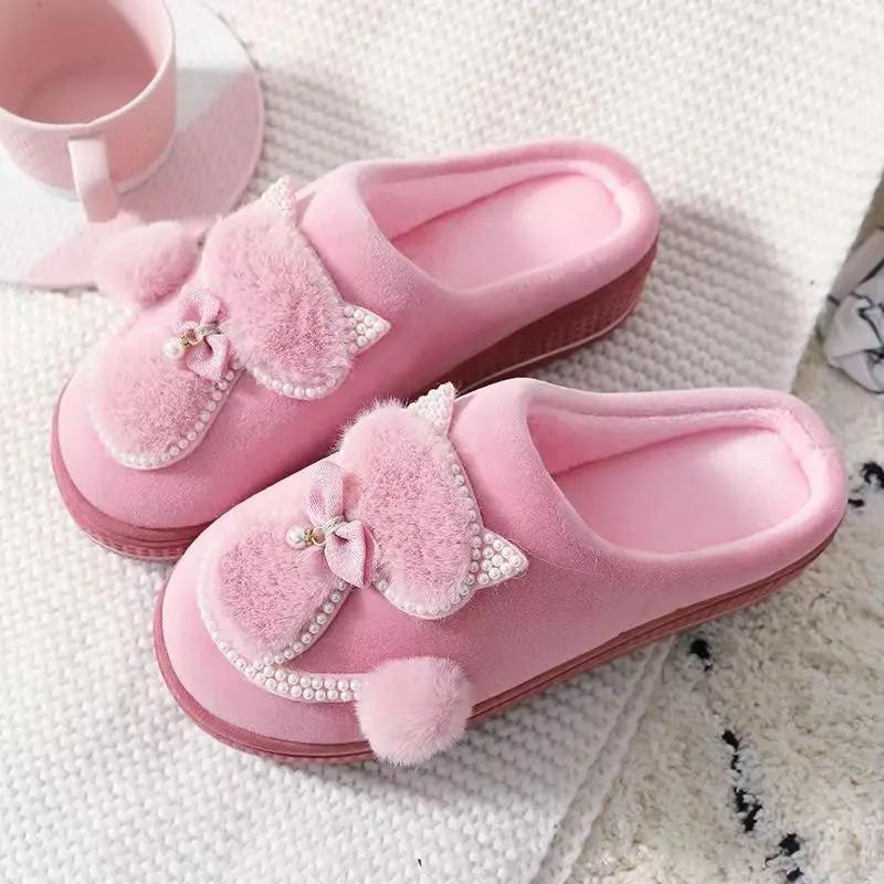 Fashion Girls Winter cotton slippers plush indoor rhinestone ladies shoes 2025 stylish new arrival women platform slippers