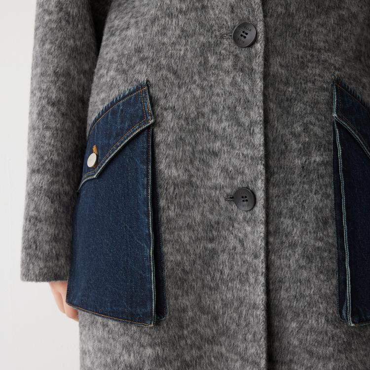 ELLE French Denim Patchwork Fashion Design Casual Loose Long Hooded Double-Sided Wool Coat Women Coats EN52366