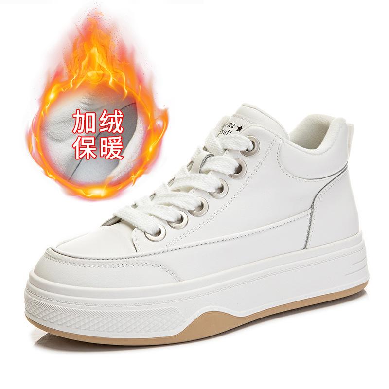 

Кожаные кеды с высоким верхом, маленькие белые туфли женские 2025 зима, новая женская обувь на толстой подошве, теплая женская обувь, повседневные универсальные туфли на плоской подошве 40 белый