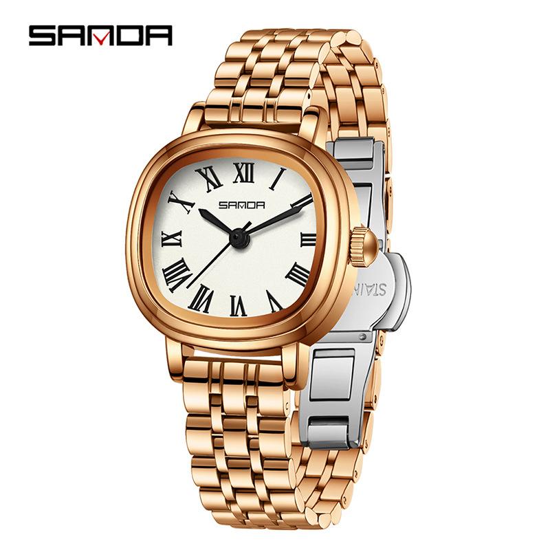 SANDA Women Quartz Watch Fashion Elegant Rose Gold Simple Roman Analog Display Stainless Steel Strap Wristwatch for Ladies