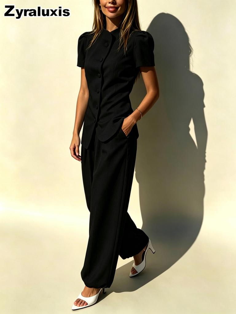 New Fashion Elegant Design Jacket Top High Waist Casual Long Pants Women's Set