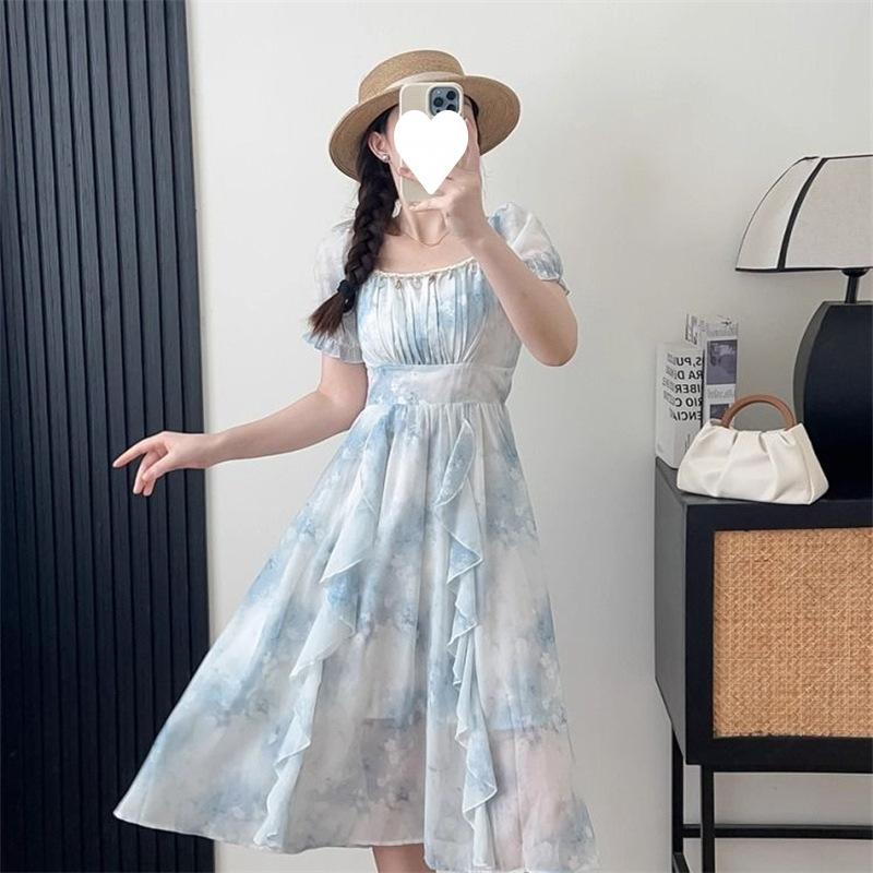 French temperament waist tie-dye lotus leaf edge blue high-end dress women's summer new tulle square collar dress
