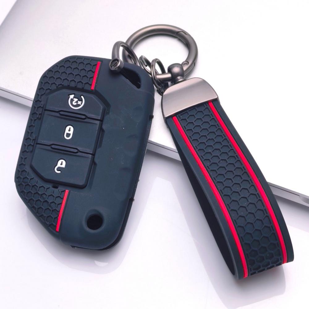 Silicone Key Fob Cover with Matching Keychain Compatible with Jeep Wrangler JL Gladiator JT 2018 2019 2020 2021 2022 2023 3 Button Smart Remote Key