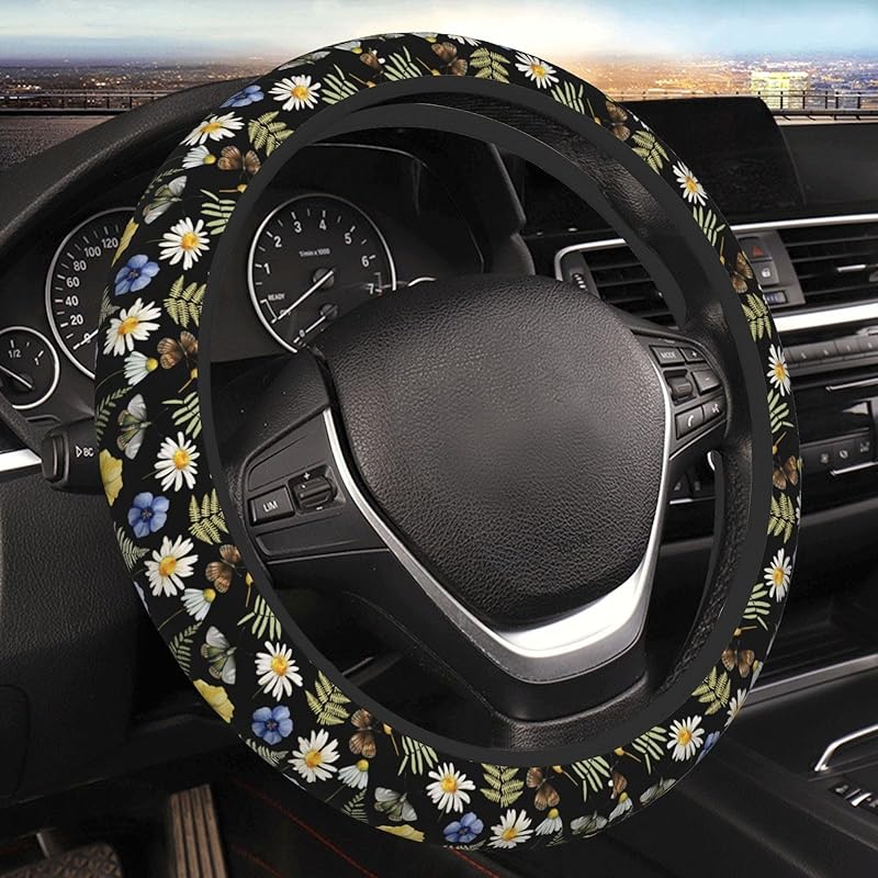 Chic Wildflowers Steering Wheel Cover For Men Women Universal Car Accessories 15 Inch Neoprene Auto Interior Decor