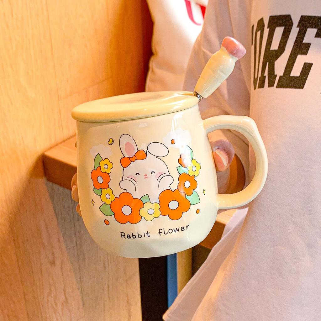 Mug With Lid Spoon Girls Cute Ceramic Cup Children'S High-Value Water Cup Dormitory Coffee Breakfast Cup Men