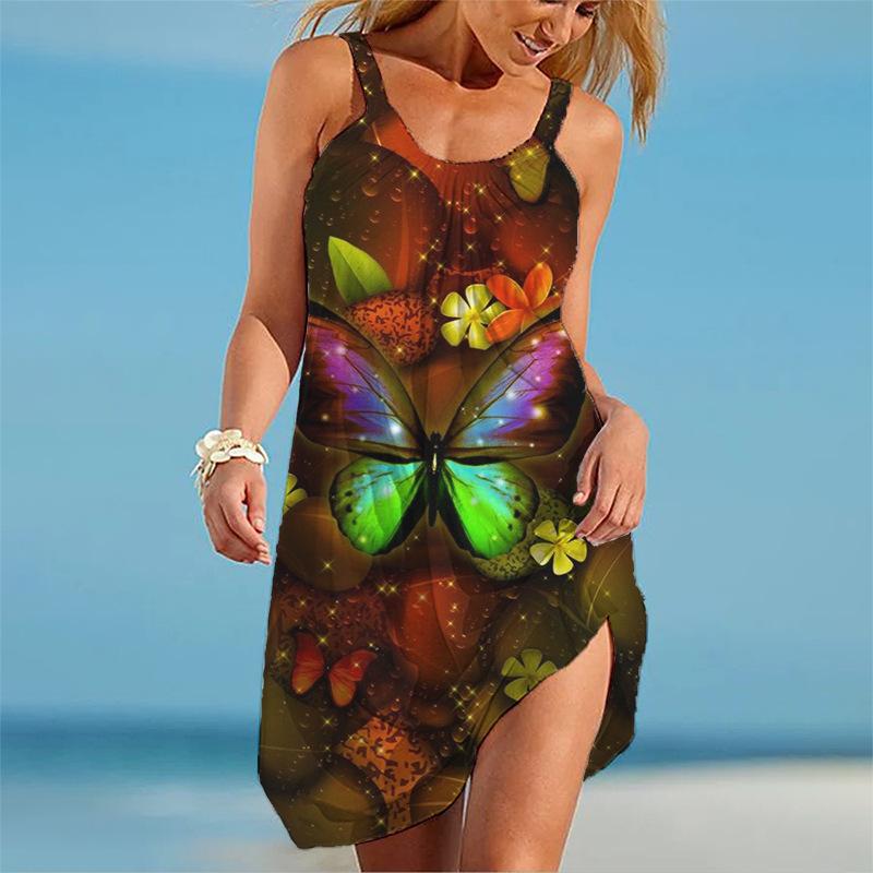 Sommer Neues 3D Schmetterling Gedrucktes Damenkleid Sexy Ärmellos Sommer Damenkleid Retro Locker Lässig Mädchenkleid