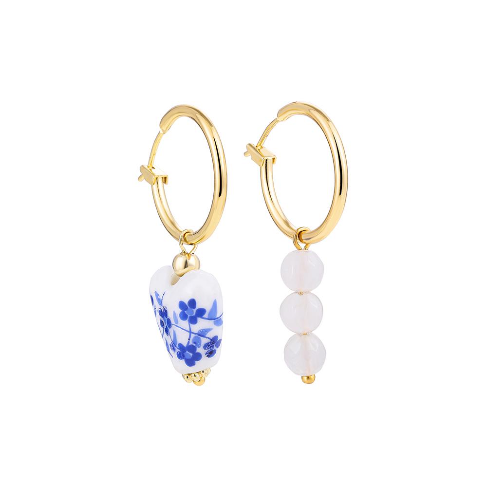 

Vintage Geometric Natural Stones Ethnic Chinese Style Blue Flower Ceramic Heart Beads Stainless Steel Round Hoop Earrings