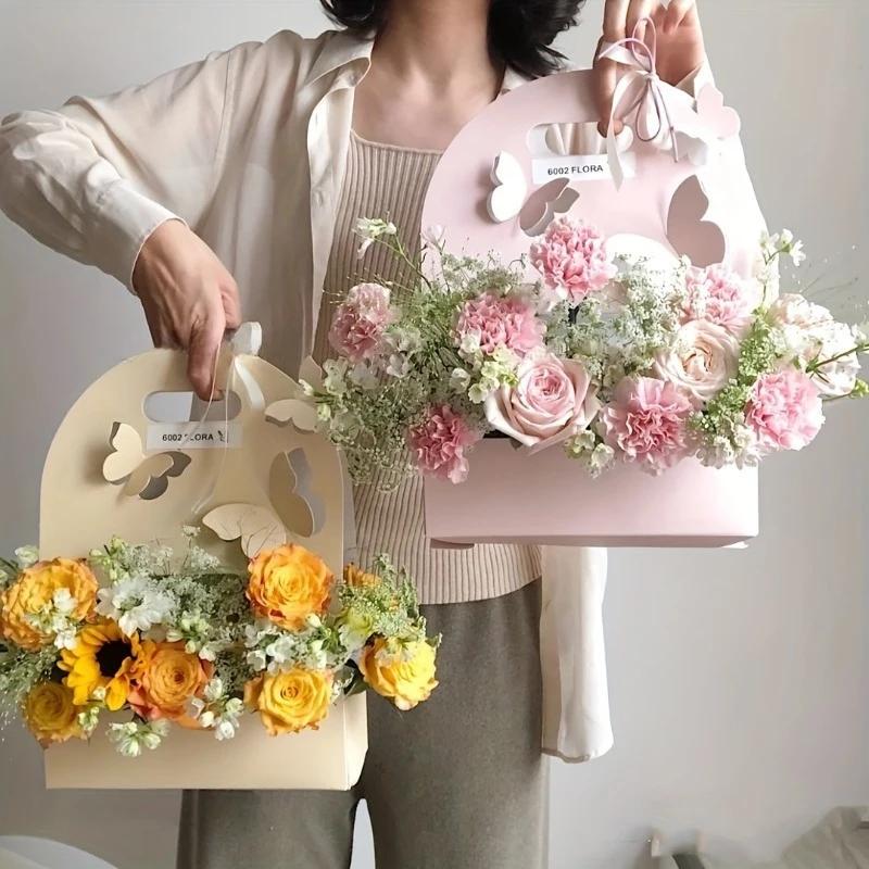 5pcs Paper Butterfly Handheld Flower Box Wedding Birthday Flower Basket Festival Party Arrangement Bag Flower Packaging Gift Box