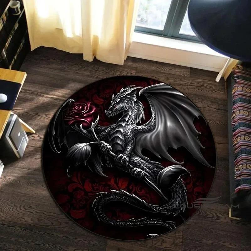 Animal Art Style Round Carpet 3D Printed Coiling Dragon Crouching Tiger Lion Pattern Children's Study Room Floor Mat